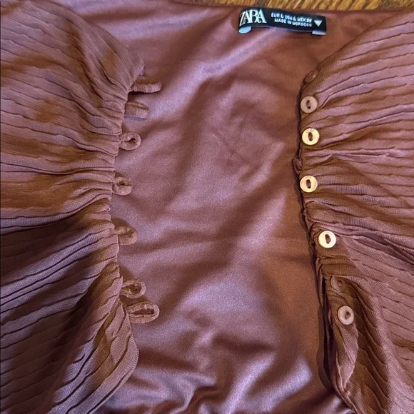 Zara Brown Pleated Long Sleeve Crop Top size-L - Picture 4 of 7